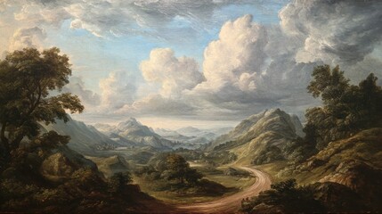 An opulent impasto oil painting in the baroque style of Dutch Golden Age still life, featuring a majestic a serene landscape with a winding road disappearing into misty mountains.