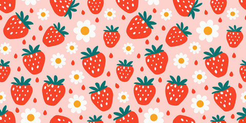 Seamless Pattern of Red Strawberries and White Daisies on Pink Background strawberry