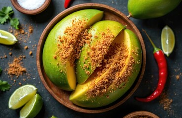 Top view of unripe green mango slices generously coated with brown sugar, chili flakes, served on wooden plate. Fresh lime wedges, vibrant red chili peppers enhance tropical fruit dish, perfect for
