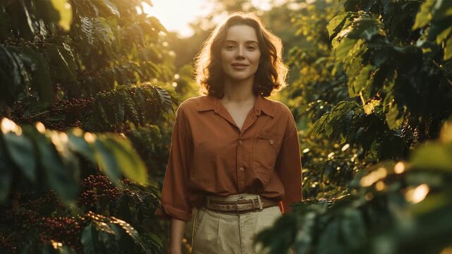 Woman walking coffee plantation under sunlight, smile in rust shirt among dense green plant rows with ripe coffee cherry, hand brushing leaf, harvest ready crop, calm nature and warm golden light