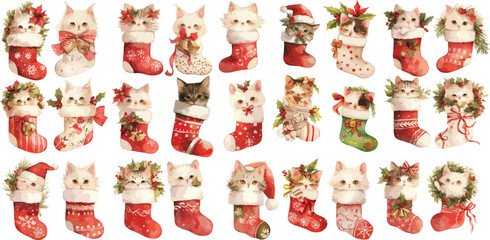 christmas kitten in stocking watercolor clipart 