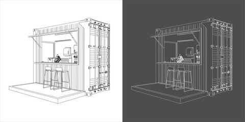 Detailed Wireframe Line Drawing of a Modern Shipping Container Kiosk or Concession Stand blueprint