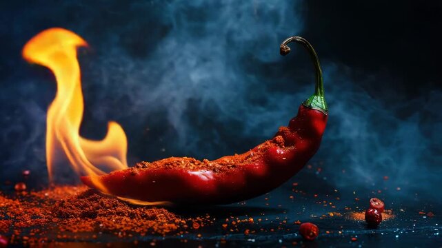 A spicy chili pepper sizzling on fire with thick smoke rising from the heat