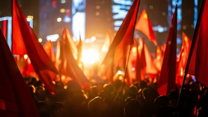 Crowd waving China flags at nighttime protest in city with warm lighting