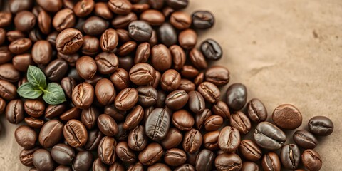 Obraz premium Close-up of roasted coffee beans artfully arranged and adorned with rustic kraft paper, scene, roasted