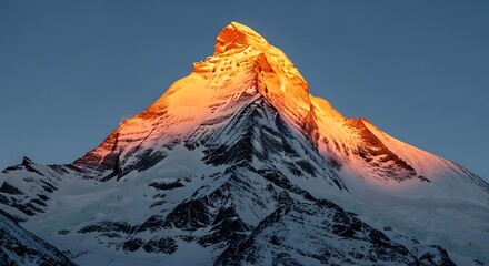 Majestic snow-capped mountain peak bathed in vibrant sunrise hues.