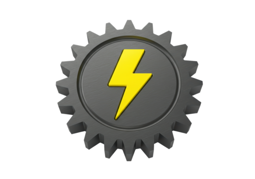 Isolated gearwheel with lightning bolt representing energy power electrical current and industry