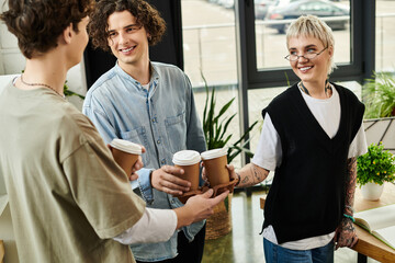 Colleagues sharing a joyful moment while enjoying coffee in a vibrant office workspace with plants