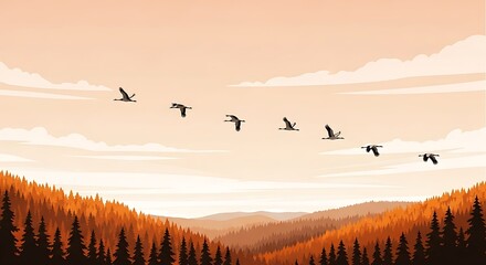 Silhouetted cranes flying over autumnal mountain range at sunset.