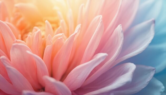 Macro shot of vibrant pastel flower petals with soft dreamy light, ethereal glow. Delicate pink, peach, yellow, blue hues blend seamlessly. Perfect backdrop for beauty products, spa, floral designs.