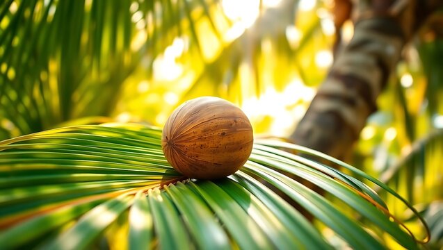 A single coconut resting on a vibrant green palm leaf under a bright and sunny tropical sky outdoors