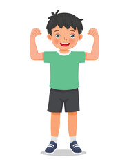 Obraz premium Little boy showing his strong muscle arm fist