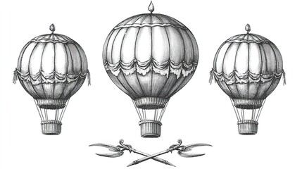 Fototapeta premium Set of Vintage - Style Hot Air Balloons with Ornate Details and Crossed Dirks 