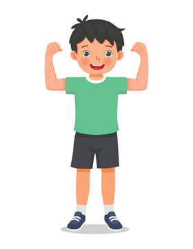 Little boy showing his strong muscle arm fist