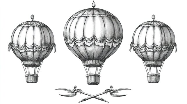 Set of Vintage - Style Hot Air Balloons with Ornate Details and Crossed Dirks 
