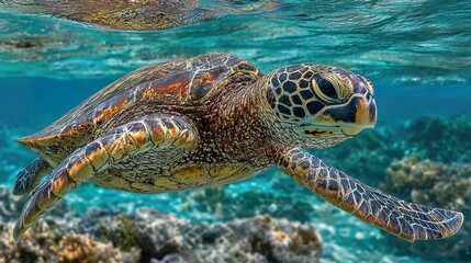Fototapeta premium Green sea turtle gliding through clear ocean waters, surrounded by dappled sunlight and coral