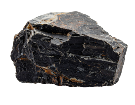 Schist is a medium-grade metamorphic rock characterized by a foliated (layered) texture called schistosity isolated on white background.	
