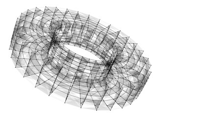 Sci-fi white torus with particles and lines. Concept network connection. Vector frame torus. Abstract technology background.