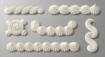 Variety of White Cream Swirls and Decorations | Icing Elements for Cake Decorating, Dessert Presentation and Pastry Designs