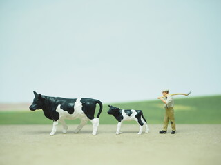 Mini toy of action figure at table with blurred background. Miniature photography concept. Cow farm with farmer at grassland.