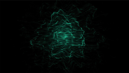 Vector digital technology wave. Dark cyberspace with green motion dots. Explosion of a wave of particles in a flow. Futuristic digital background. Big data analytics.