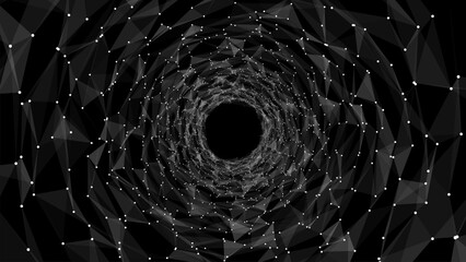 Abstract sci-fi black tunnel. Wormhole absorbs cyberspace. 3D portal. Vector futuristic fantasy high-tech funnel.