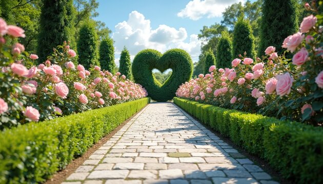 Whimsical garden path lined with blooming pink roses, rich plants under sunny sky. Heart-shaped topiary stands at end of stone pathway. Serene nature scene with vibrant floral landscaping, perfect