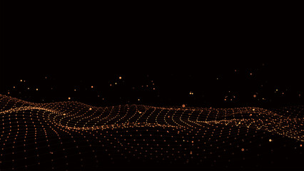 Digital technology wave with dust. Dark cyberspace with orange motion dots and lines. Futuristic digital vector background. Big data analytics.
