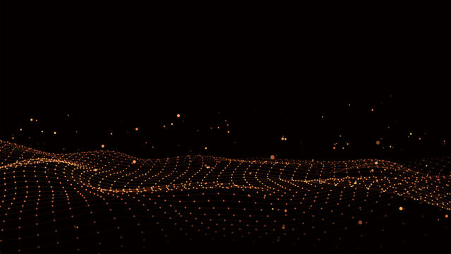 Digital technology wave with dust. Dark cyberspace with orange motion dots and lines. Futuristic digital vector background. Big data analytics.