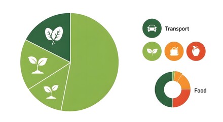 Green Data Visualization Infographic with Pie Charts and Eco Icons for Transport and Food