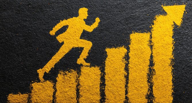 Businessman silhouette runs up chart of rising yellow powder