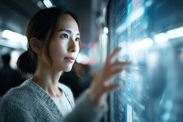 person in subway train interacts with ar schedule interface surrounded by ultrabright station lights