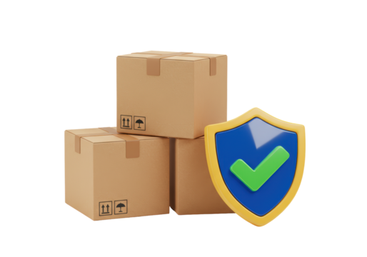 Isolated secure delivery of packages with shield and check mark, insurance, protection
