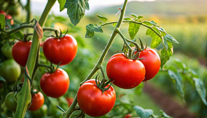 Red tomato tree in field, Tomatoes on tree in natural background