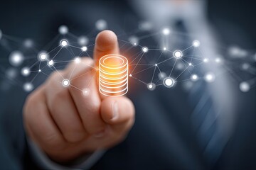 Close-up of a hand touching a glowing data icon.  Network graphic overlays