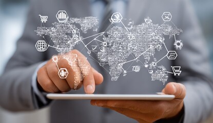 Businessman interacts with global network on tablet