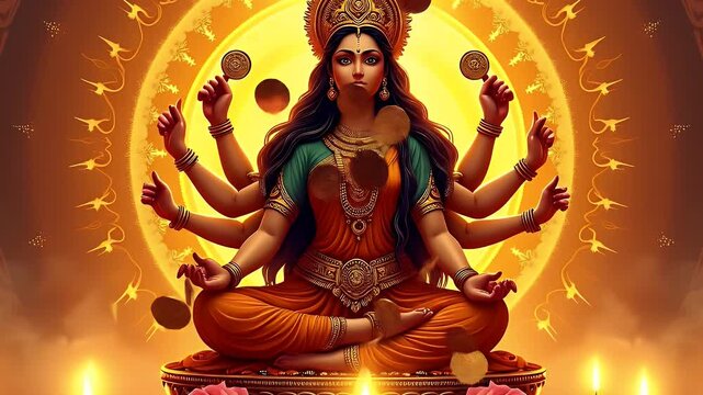 Golden idol of Goddess Durga in a glowing abstract mandala background, surrounded by diyas, flowers, smoke effect, rich textures, festive artistic illustration, without any human figures.