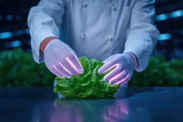Chef prepares fresh lettuce in a modern kitchen with glowing hands to enhance food safety