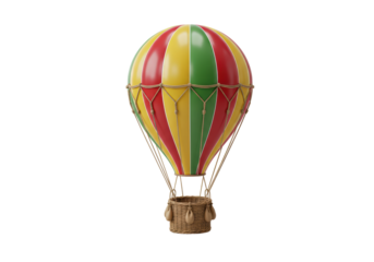 Isolated antique air balloon flying with wicker basket, retro aviation transport theme