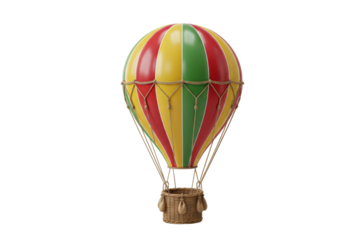 Isolated antique air balloon flying with wicker basket, retro aviation transport theme