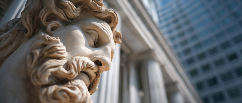 Close up of classical stone sculpture. Ancient carved male face with beard contrasted against modern glass building and architectural columns