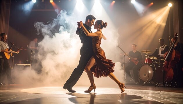 A passionate couple dances the tango on a brightly lit stage with a band playing music in the background