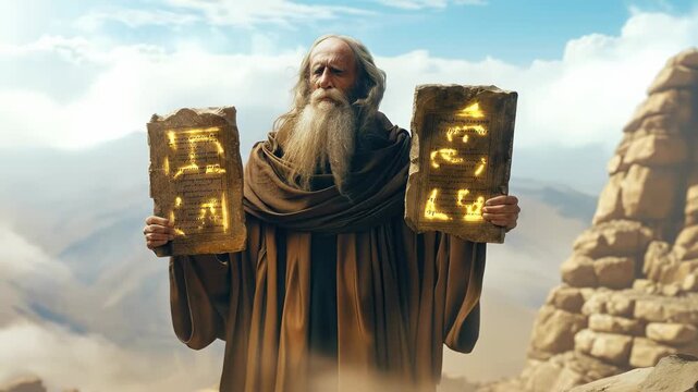Divine law gift: moses on mount sinai receives sacred tablet, god delivers eternal covenant, biblical foundation, holy truth, faithful guide, spiritual path, religious symbol, chosen people,