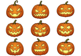 Collection of nine carved halloween pumpkins with glowing faces, isolated on a transparent background