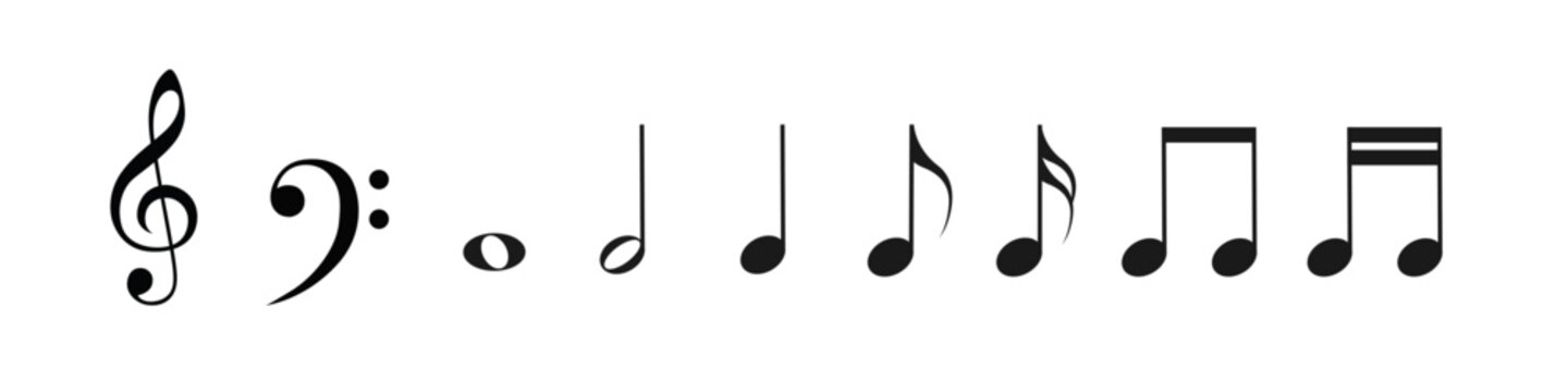Set of vector musical notes, treble and bass clef symbols isolated on white background