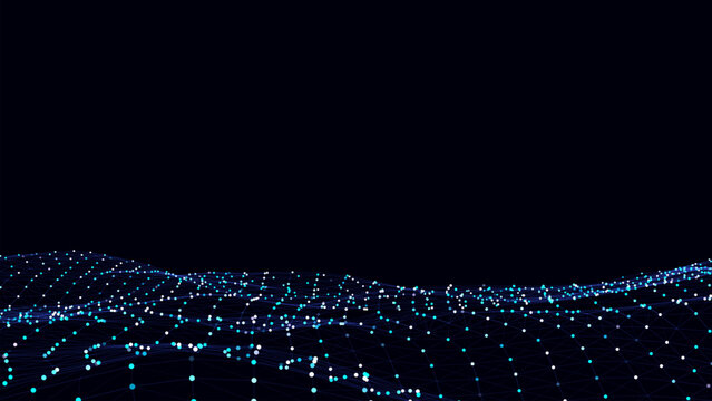 Digital technology wave. Dark cyberspace with colors motion dots and lines. Futuristic digital vector background. Big data analytics.