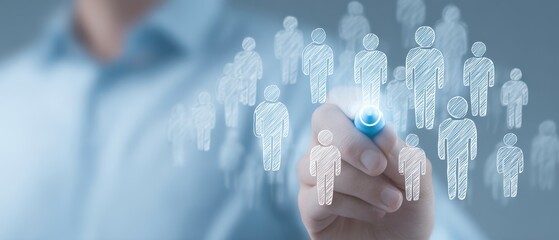 The Hand Selecting a Digital Human Network on a Transparent Touchscreen for Recruitment