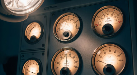 Close-up of a vintage medical device with multiple illuminated analog gauges displaying readings.