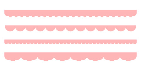 Seamless pink Y2K scallop border pattern set. Cute kawaii lace ribbons, girly frill silhouettes, pastel retro vintage ornament texture isolated on white vector illustration