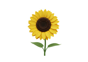 Isolated single sunflower with yellow petals, dark center and green leaves in full bloom